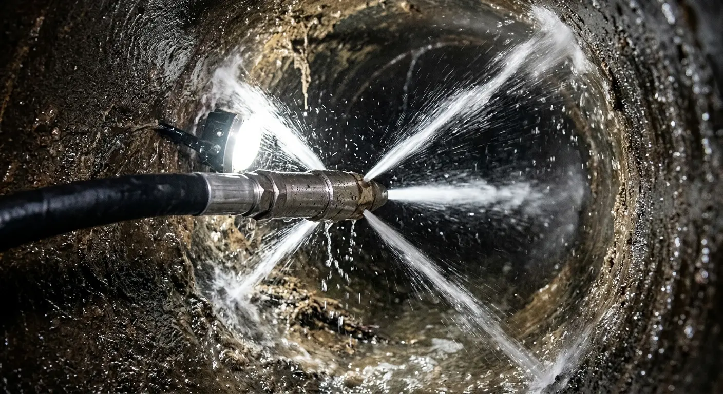 High-pressure hydro jetting nozzle cleaning sewer pipe for Sewer Line Relining in Ligonier