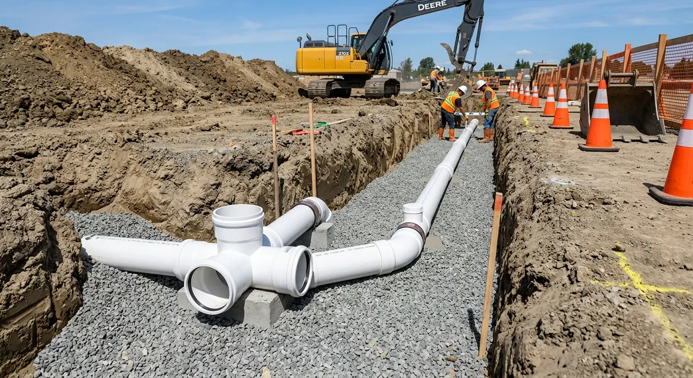 New PVC sewer pipe installation in open trench for Commercial Drain Cleaning in Ligonier