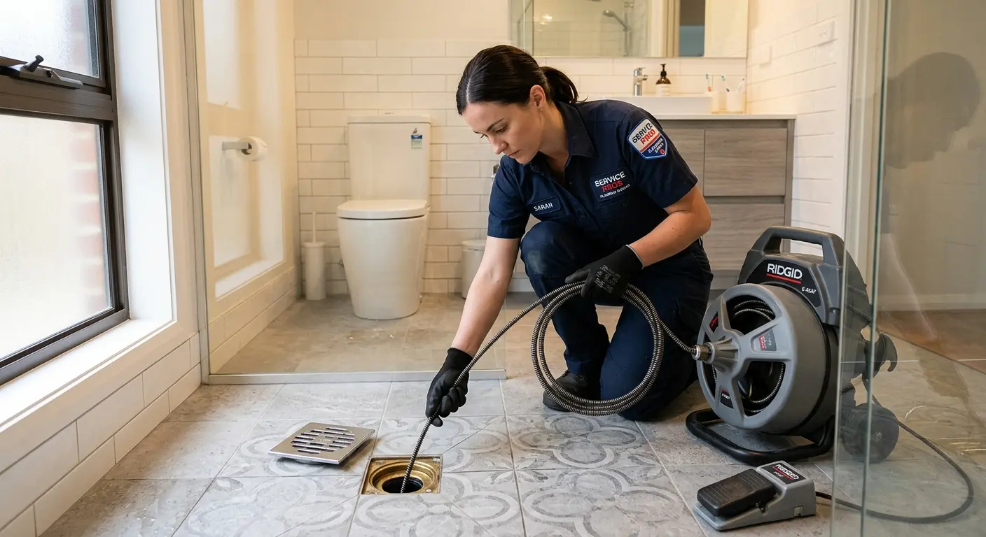 Technician clearing a bathroom floor drain for Drain Cleaning in Ligonier